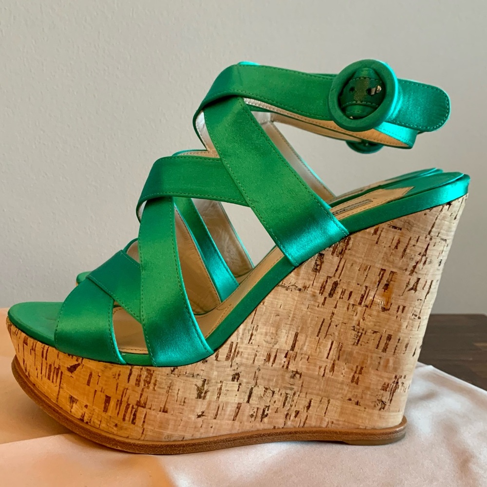 Prada Assenzio (absinthe/emerald green), 40/Size 9, criss cross cork wedge - Picture 6 of 15